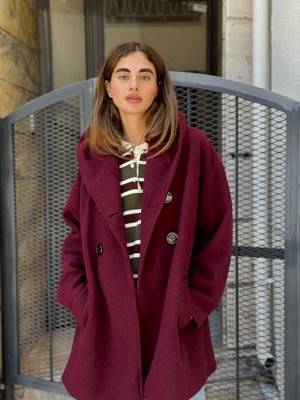 Retrobird Urban Retro Kapüşonlu Oversize Ceket Kaban Kadın Bordo