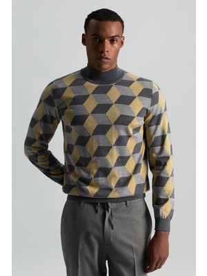 Hemington Merino Yünü Argyle Desen Lupetto Yaka Orta Gri Triko