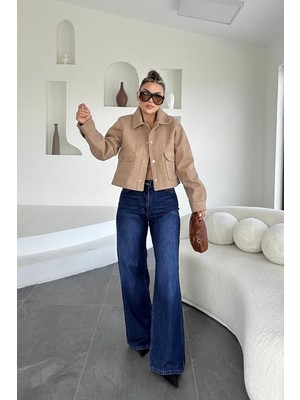 Eswomes Denim Lazer Tasarım Palazzo Pantolon Koyu Mavi