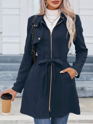 Janes Kadın Uzun Kollu Boyundan Düğmeli Fermuarlı Beli Kuşaklı Süet Ceket