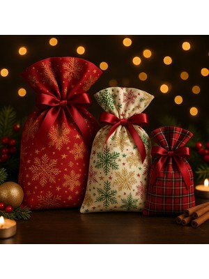 Elyona Yılbaşı Temalı Kumaş Hediye Kesesi 3’lü Set – Kırmızı, Ekoseli ve Kar Tanesi Desenli