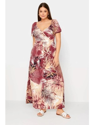 Şans Kadın Büyük Beden Kırmızı, Anvelop Yaka, Palmiye Desenli Uzun Elbise 65N39128