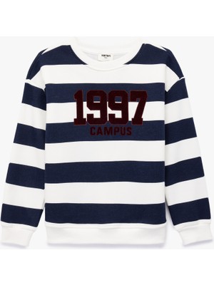 Koton Baskılı Uzun Kollu Bisiklet Yaka Çizgili Sweatshirt