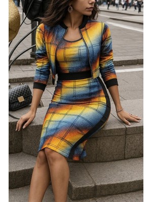 Kadın Uzun Kollu Askılı Yuvarlak Yaka Desenli Dalgıç Bluz Ceket ve Etek Üçlü Takım