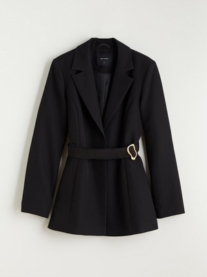 LC Waikiki Lcw Vision Siyah Beli Kemerli Kadın Blazer Ceket W5M961Z8_8684691112468