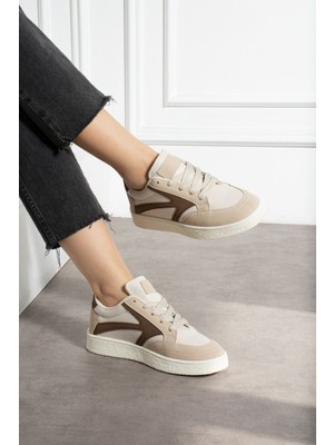 Navi Shoes Kadın Bağcıklı Spor Ayakkabı Sneaker Suni Deri Düz Taban Bej Renkli 121NAV