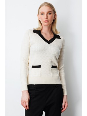 On Kadın Cep Detaylı Uzun Kollu Kazak 65313 Krem