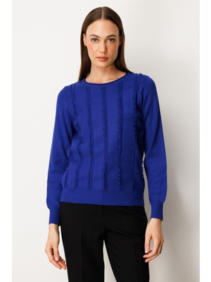 On Kadın Sıfır Yaka Püskül Detaylı Triko Kazak 65306 Saks