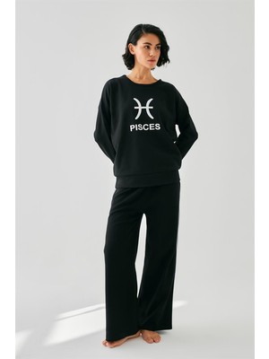 Modaserdem  Kadın Siyah Balık Burcu Oversize 2 Iplik Eşofman Ev Giyim Takımı