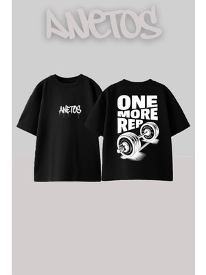 Anetos One More Rep 1 Tasarım Sırt Baskılı Pamuk Siyah Oversize T-Shirt