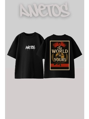 Anetos Scarface 4 Tasarım Sırt Baskılı Pamuk Siyah Oversize T-Shirt