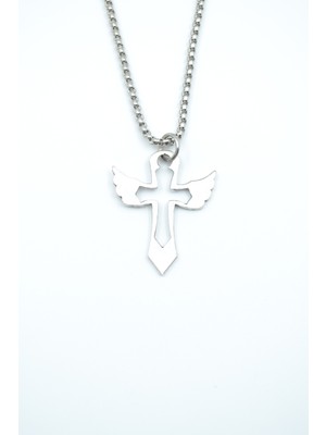 IDR Kanatlı Haç Gümüş Kaplama Örme Zincir Kolye