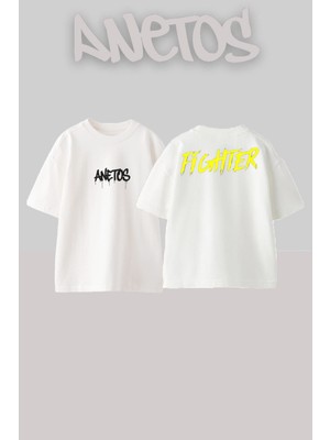 Anetos Fıghter Tasarım Sırt Baskılı Pamuk Beyaz Oversize T-Shirt