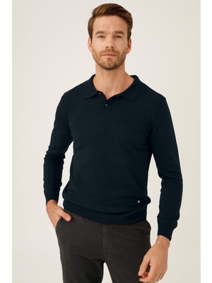 İGS Lacivert Standart Fit Dar Kalıp Polo Yaka Düz Uzun Kollu  Triko