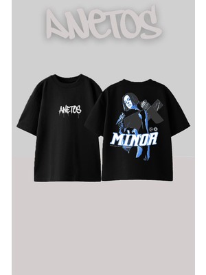 Anetos Minor Kadın Tasarım Sırt Baskılı Pamuk Siyah Oversize T-Shirt