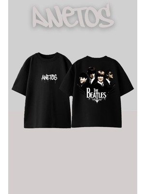 Anetos The Beatles 6 Tasarım Sırt Baskılı Pamuk Siyah Oversize T-Shirt