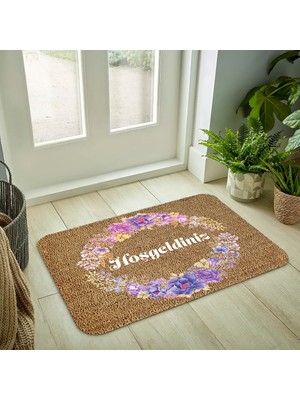 Kelebek Home Hoşgeldiniz Mor Güller Temalı Iç-Dış Kapı Önü Paspası