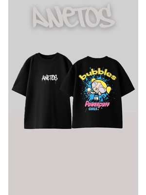 Anetos Bubbles Tasarım Sırt Baskılı Pamuk Siyah Oversize T-Shirt