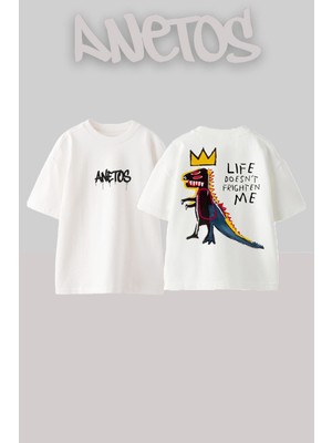 Anetos Dino Tasarım Sırt Baskılı Pamuk Beyaz Oversize T-Shirt