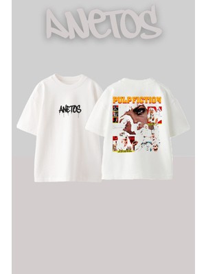 Anetos Pulpfıcton Tasarım Sırt Baskılı Pamuk Beyaz Oversize T-Shirt