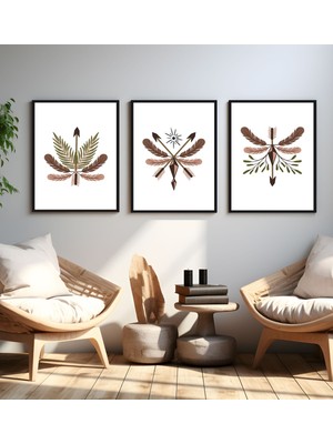 AR AJANS KANVAS TABLO Ok ve Tüy Senfonisi Soyut Bohem Çerçeve Görünümlü 3 'lü Set Mdf Tablo