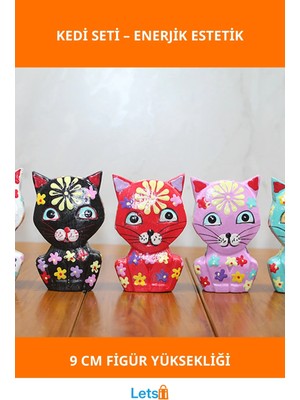Letsii El Yapımı Renkli Ahşap Kedi Figürleri 5'li Set