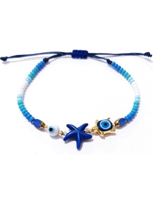 Funny Takı Lacivert Mineli Nazar Boncuklu Kaplumbağa Deniz Yıldızlı Çek Cam Boncuklu Mavi Bileklik