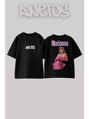 Anetos Madonna 5 Tasarım Sırt Baskılı Pamuk Siyah Oversize T-Shirt