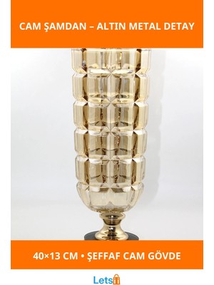 Letsii Şeffaf Cam Şamdan Altın Metal Ayaklı Tekli 40X13 cm