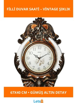 Letsii Vintage Filli Duvar Saati Zarif Gümüş Altın Çerçeve 67X40 cm