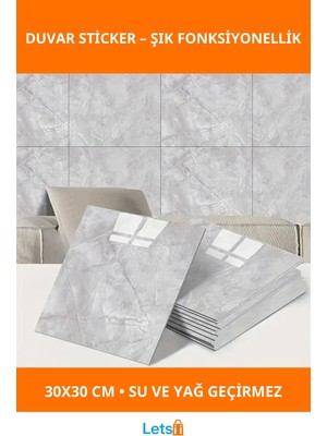 Letsii Gri Mermer Desen Su Geçirmez Kendinden Yapışkanlı Duvar Sticker 30X30 cm