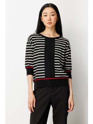 On Kadın Yarım Kol Çizgili Kazak 65302 Siyah
