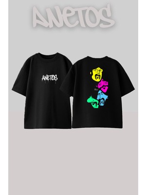 Anetos The Beatles 7 Tasarım Sırt Baskılı Pamuk Siyah Oversize T-Shirt