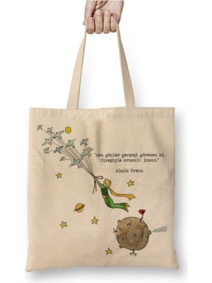 Toyaso Le Petit Prince Küçük Prens Beyaz Bez Çanta Uzun Saplı Alışveriş Çantası Plaj Çantası