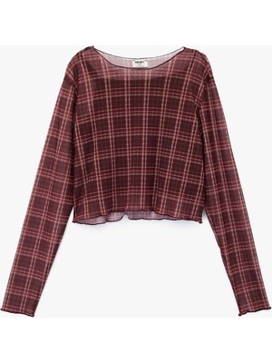 Koton Uzun Kollu Bisiklet Yaka Ekoseli Crop Bluz