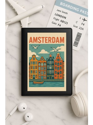 Nurdic Tüm Ülke Pasaportları Için Siyah Vinleks Deri Pasaport Kılıfı Kabı Amsterdam