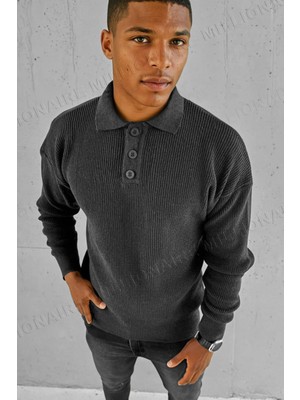 Millionaire Erkek Antrasit Füme Polo Yaka Patlı Düğmeli Yakalı Kışlık Triko Kazak
