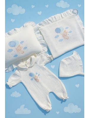 Babies First Balon Tavşan Isme Özel 6'lı Yenidoğan Set %100 Pamuk Tulum Battaniye Şapka Yastık Puset Örtü Eldivn