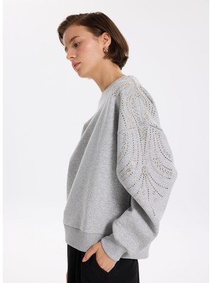 Fabrika Bisiklet Yaka Taşlı Gri Melanj Kadın Sweatshırt F5WL-SWT0035