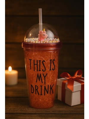 biton  cool temalı buzlu cam görünümlü kırmızı suluk pipetli  450 ml çift katman mika su şişesi 2742