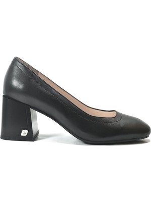 Onlo Ayakkabı 3500 Hakiki Deri Siyah Kısa Kalın Topuklu Klasik Kadın Ayakkabı