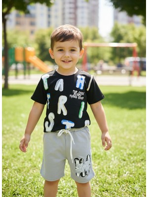 Şimo Butik Erkek Çocuk Şortlu Takım, Siyah, Harfli