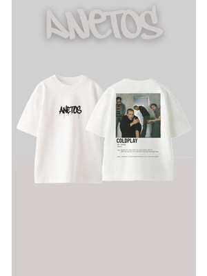 Anetos Coldplay 5 Tasarım Sırt Baskılı Pamuk Beyaz Oversize T-Shirt