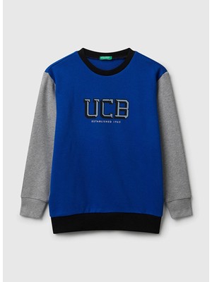 Benetton Baskılı Erkek Çocuk Mavi - Gri Sweatshırt 3J68C10PZ