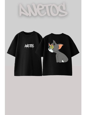 Anetos Tom 1 Tasarım Sırt Baskılı Pamuk Siyah Oversize T-Shir