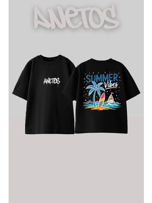 Anetos Summer Vibes Tasarım Sırt Baskılı Pamuk Siyah Oversize T-Shirt