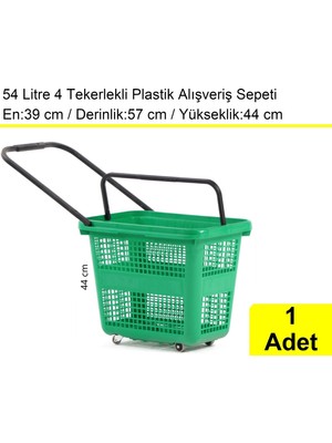 Akdenizpos Tekerlekli Plastik Market Alışveriş El Sepeti 54 Litre Yeşil 1 Adet