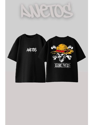 Anetos One Piece 1 Tasarım Sırt Baskılı Pamuk Siyah Oversize T-Shirt
