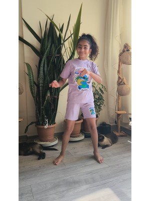 Şimo Butik Kız Çocuk Şortlu Takım Stitchli Mor, Yeşil