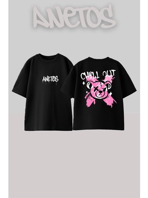 Anetos Chıll Bear Tasarım Sırt Baskılı Pamuk Siyah Oversize T-Shirt